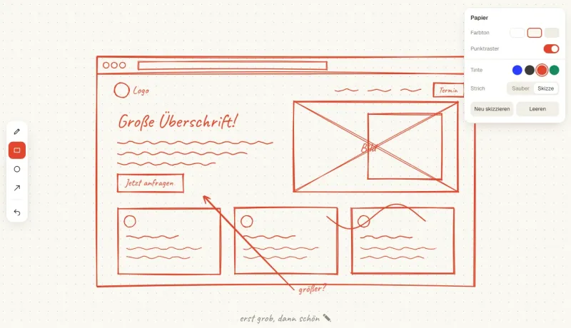 Handskizze einer Website auf Punktpapier in roter Tinte mit Werkzeugleiste