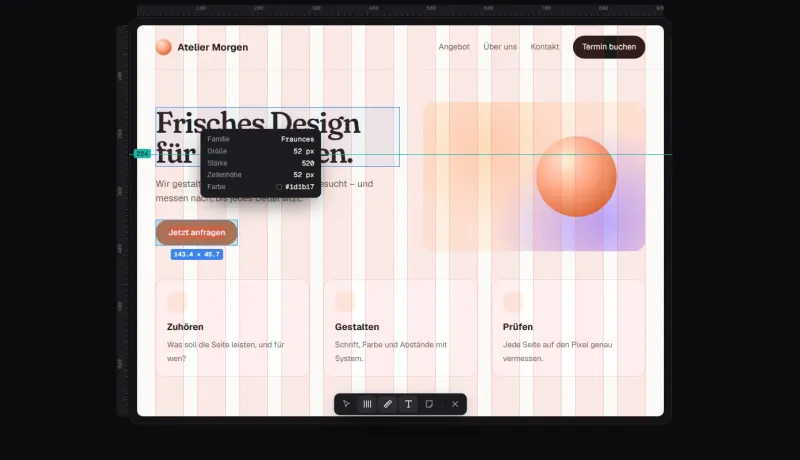 Beispiel-Website mit Spaltenraster, Lineal, Hilfslinie und Schrift-Prüfer über der Überschrift