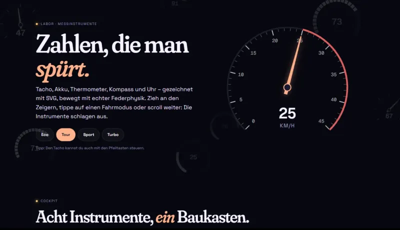 Großer Tacho mit 25 km/h, daneben die Überschrift „Zahlen, die man spürt.“