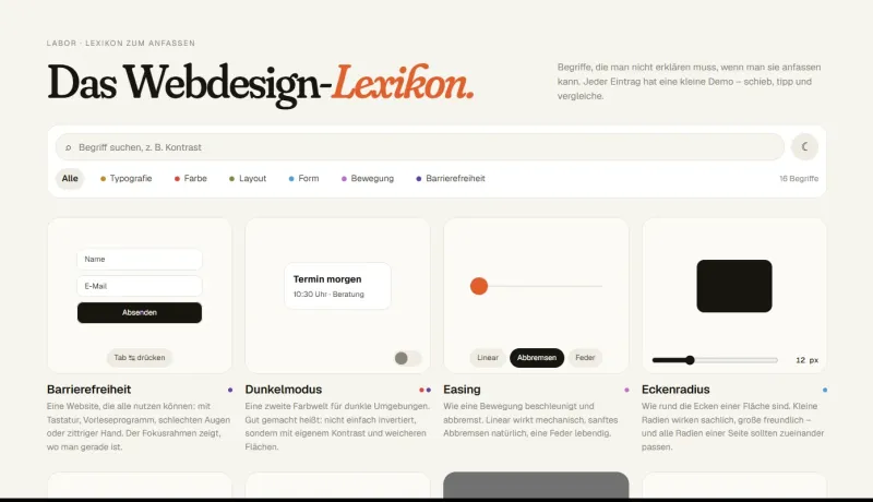 Lexikon mit Karten für Barrierefreiheit, Dunkelmodus, Easing und Eckenradius
