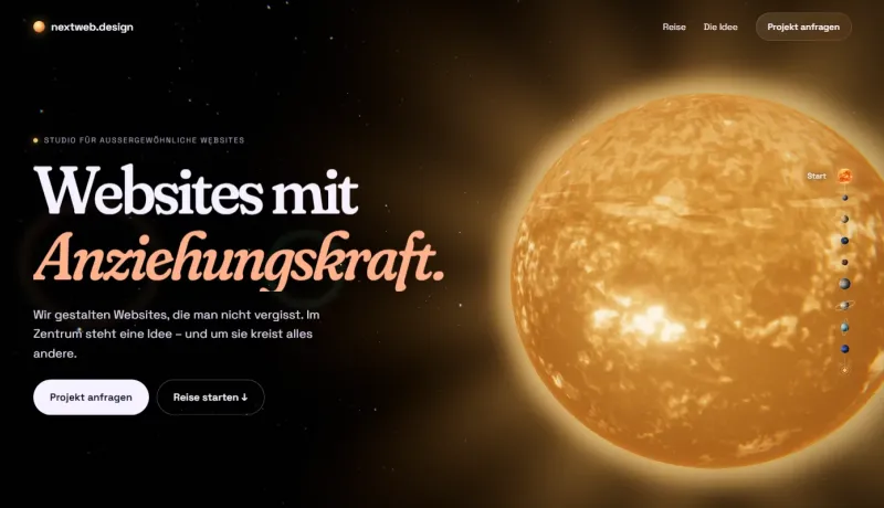 Die Sonne mit Granulation und Korona, daneben die Überschrift „Websites mit Anziehungskraft“