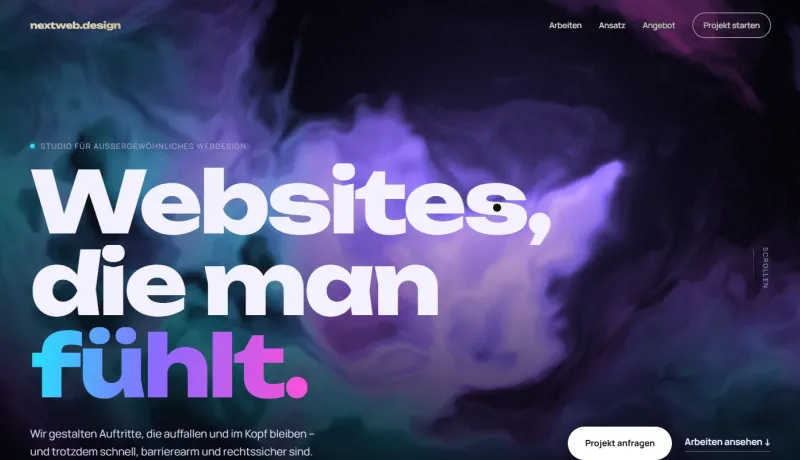 Fließendes Licht in Cyan, Violett und Magenta mit der Überschrift „Websites, die man fühlt.“